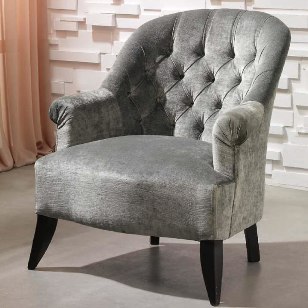 Fauteuil Crapaud Velours Capitonne Gris P1 Beauvoir