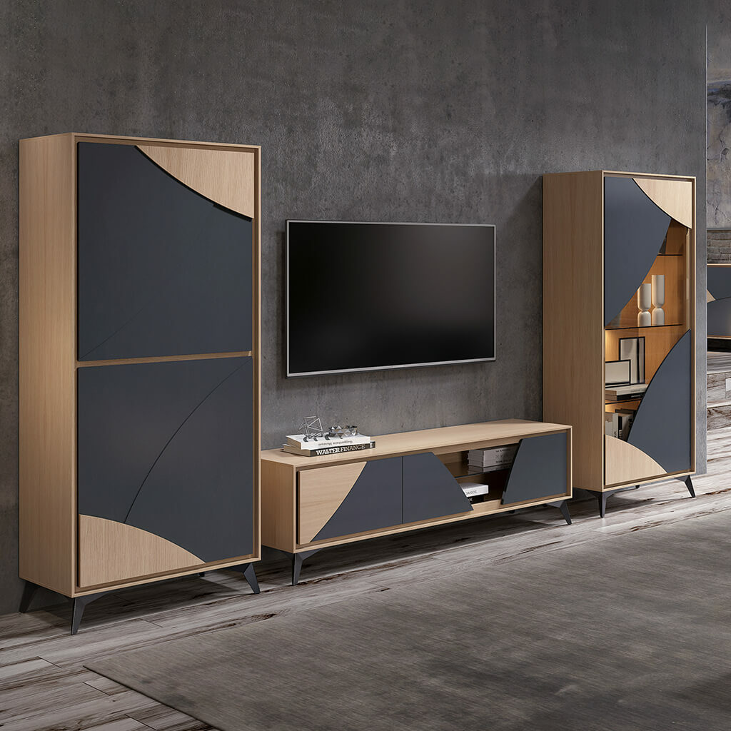 Meuble Tv Moderne Naturel Laque Noire Bois Circle