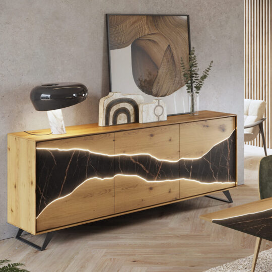 Buffet Contemporain Naturel Bois Chene Ceramique Noire Canyon