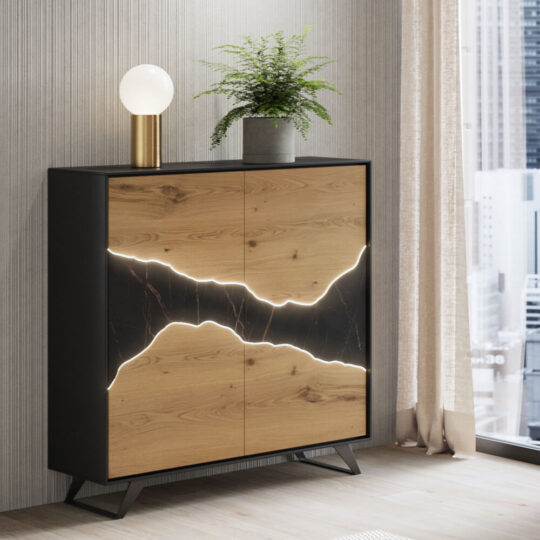 Buffet Haut Contemporain Naturel Bois Ceramique Noire Canyon