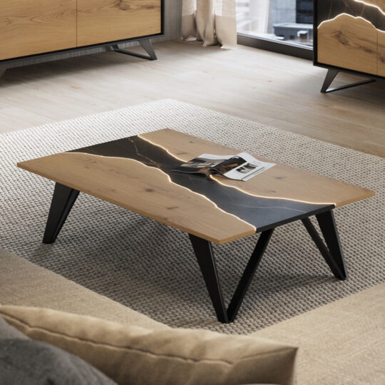 Table Basse Contemporain Naturel Bois Ceramique Noire Canyon