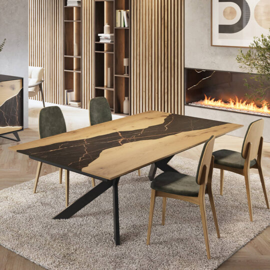 Table Contemporaine Naturel Bois Ceramique Noire Pied Central Canyon