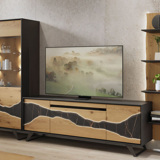 Vitrine Meuble Tv Contemporain Naturel Bois Ceramique Noire Canyon