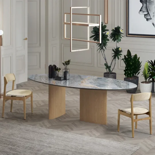 Table Ovale Contemporaine Pied Central Plateau Ceramique Olive