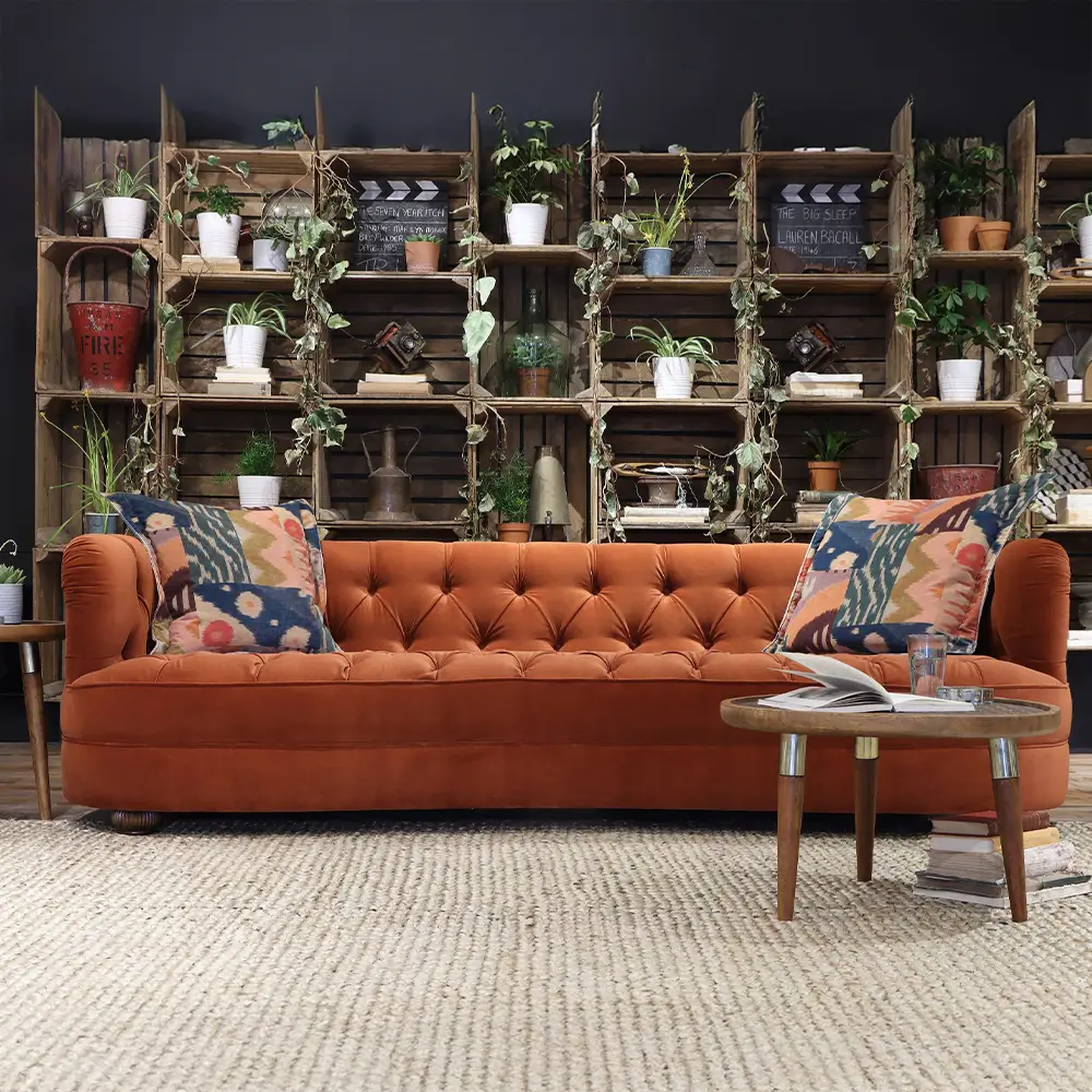 Timeless Chesterfield Canape Anglais Tissu Orange Tetrad Stand