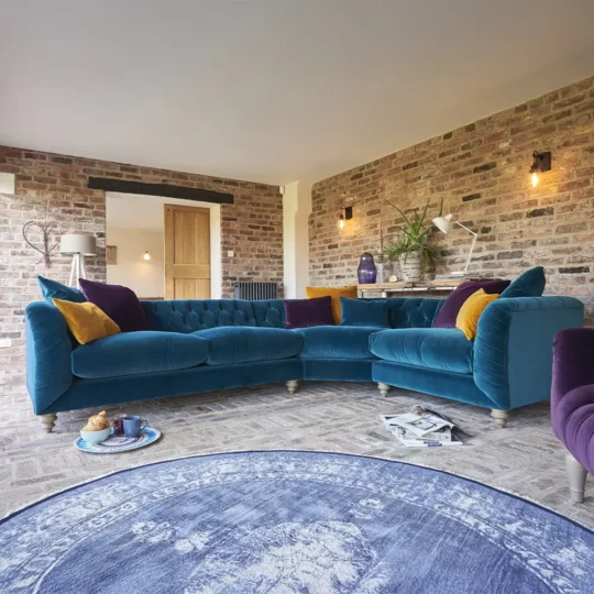 Timeless Chesterfield Canape Angle Anglais Velour Bleu Tetrad Truffle
