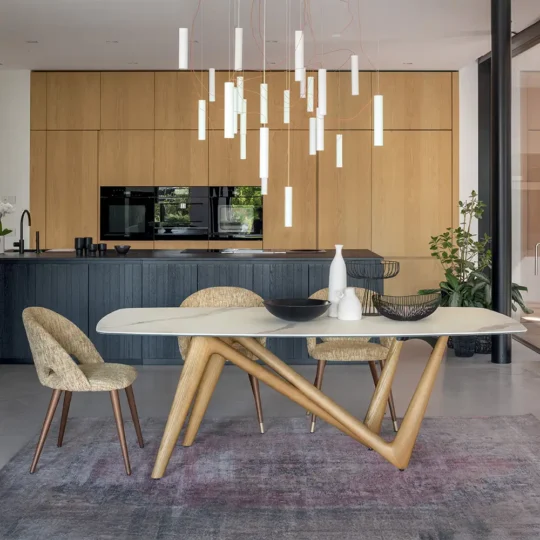 Table Pied Central Bois Plateau Ceramique Blanc Moderne Esse