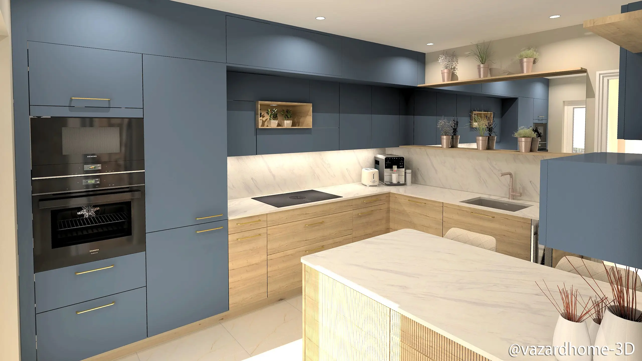 Dessin 3d Cuisine Intemporelle Bleu Contemporaine Moderne Vazardhome