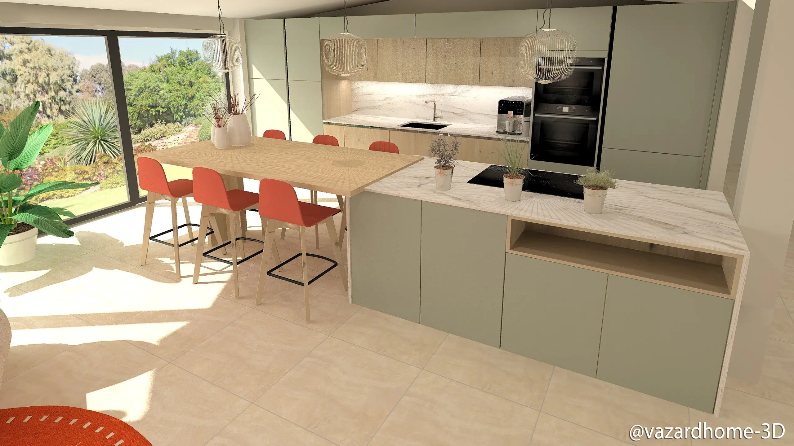 Dessin 3d Cuisine Japandi Contemporaine Verte Sur Mesure Verte Vazardhome