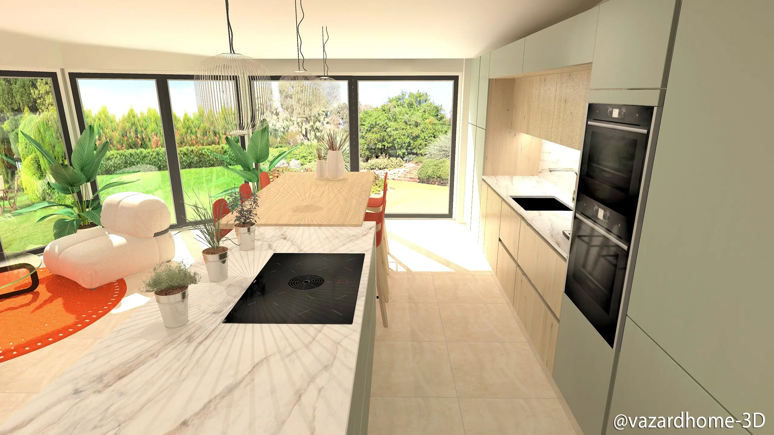 Dessin 3d Cuisine Japandi Sur Mesure Verte Moderne Vazardhome