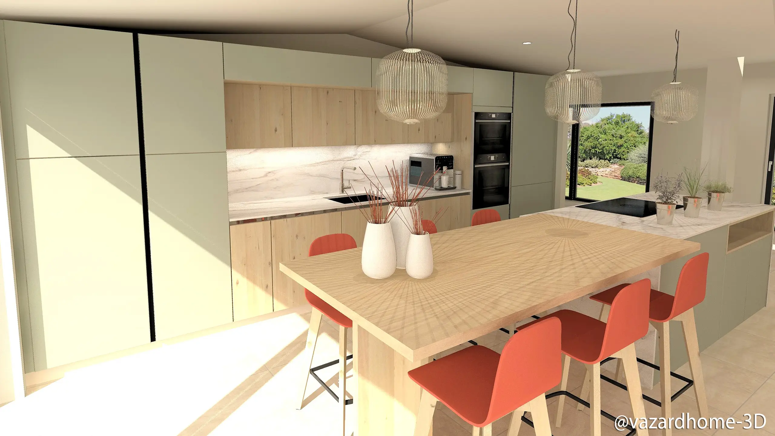 Dessin 3d Cuisine Japandi Verte Ilot Central Vazardhome