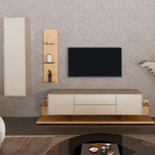 Meuble Tv Contemporain Bois Laque Beige Compo 6