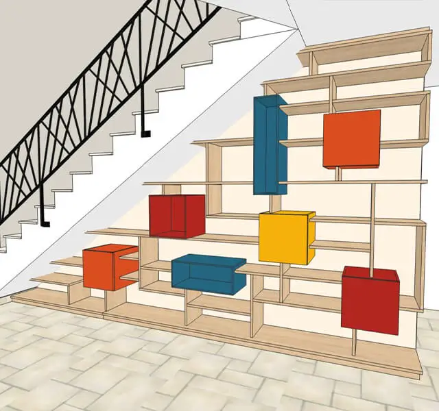 Bibliothèque Sous Escalier Asymétrique Sur Mesure Avec Niches Colorées Dessin Vazardhome Pjs A21