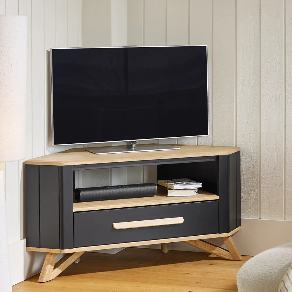 Meuble Tv Angle Campagne Chic Bois Noir Alva Meuble Tv Angle Campagne Chic Bois Noir Alva