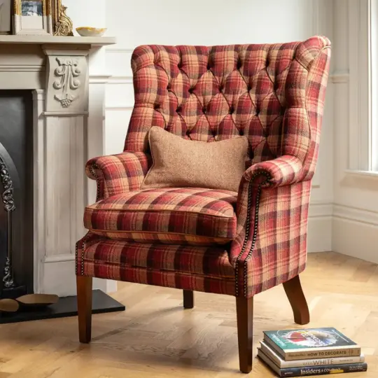 Fauteil Chesterfield Anglais Tissu Carreaux Rouge Grand Confort Tetrad Bradley